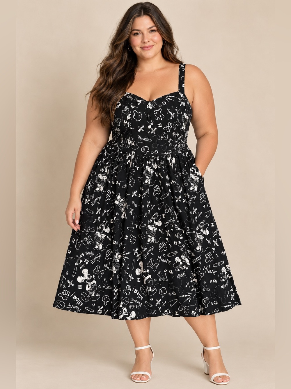 Disney x Torrid Black and White Mickey and Minnie Mouse Print midi dress.